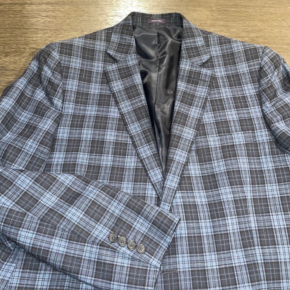 Stafford Mens 44 Long Blue Plaid Sport Coat Wool Linen Blend Classic Fit Blazer
